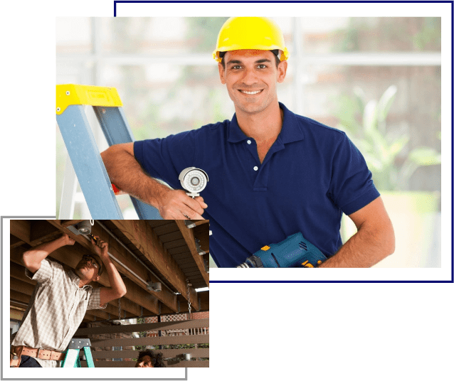 A man in blue shirt holding tools next to ladder.