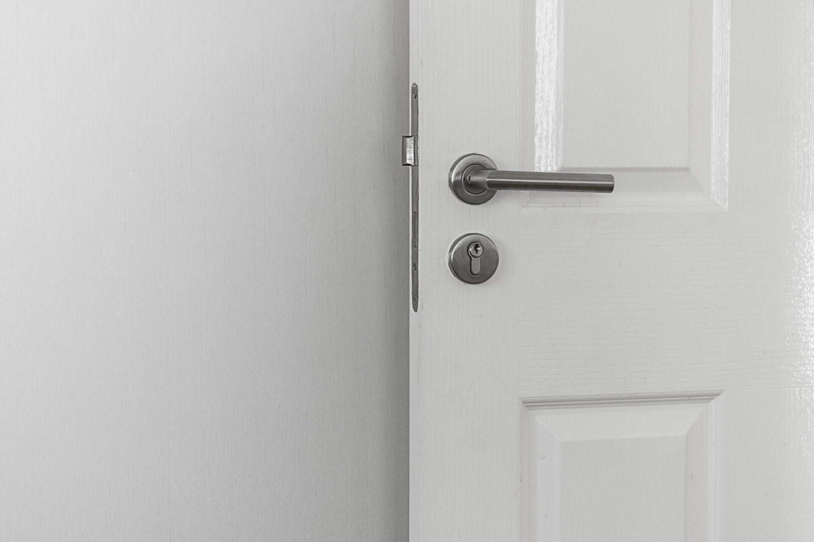 A door handle is shown on the outside of a white door.