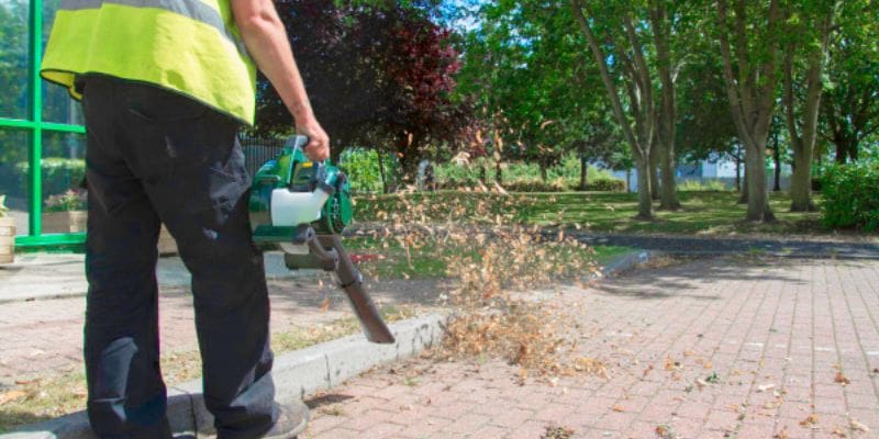 A person holding a leaf blower and spraying it.